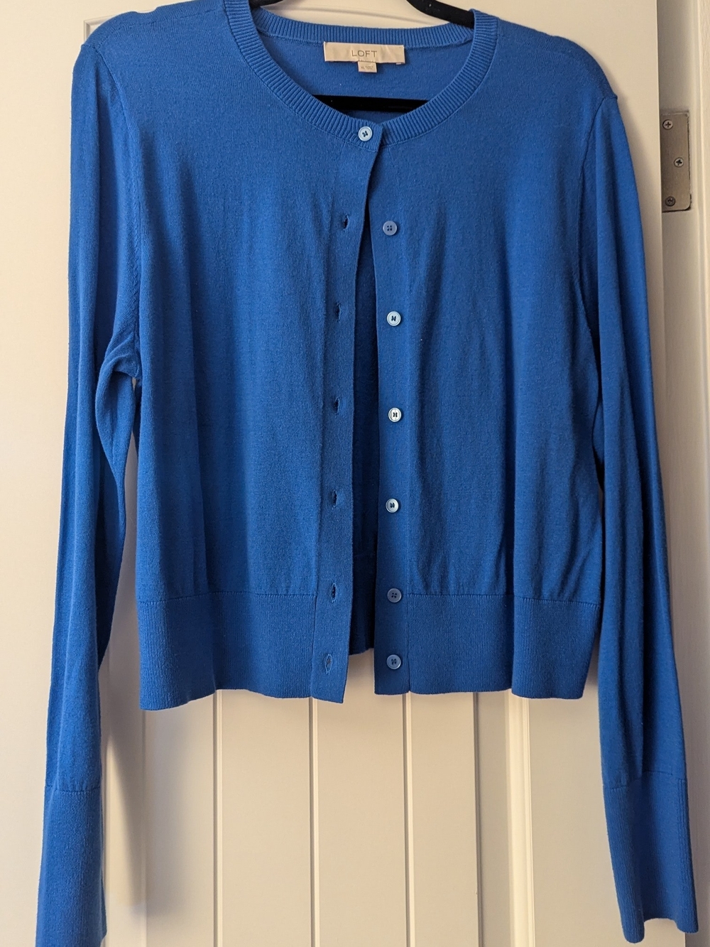 LOFT Bright Blue Button-Up Crewneck Cardigan